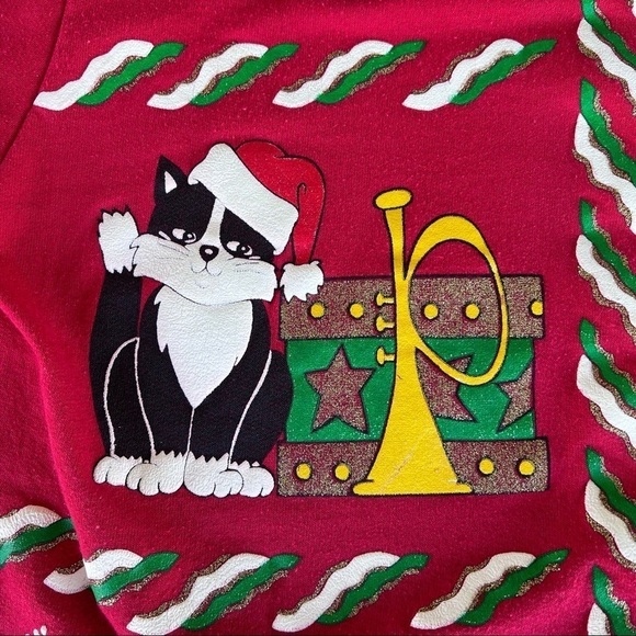 VTG Christmas Sweatshirt Cat Mouse Holiday Time Puffy Graphic Crewneck Med Red - Picture 5 of 11